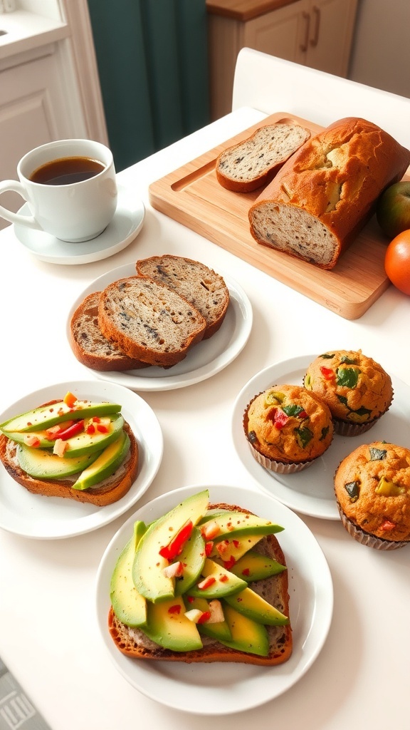 Quick and Easy Vegetarian Breakfast Bread Ideas A breakfast table with avocado toast, banana bread, and vegetable muffins, accompanied by coffee and fruit.